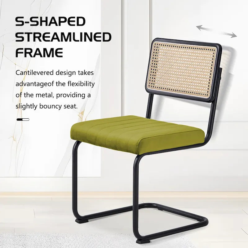 Mid-Century Modern Velvet and Rattan Dining Chairs with S-Frame, Set of 2 or 4