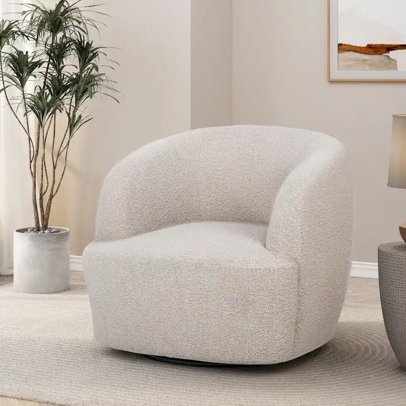 Boucle Upholstered 360° Swivel Barrel Club Chair, 300 lb Capacity