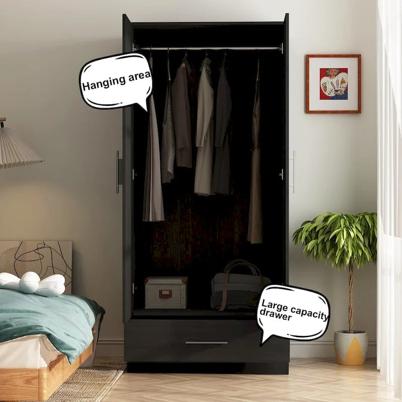 2-Door Armoire with Garment Rod and Drawer, 31.5"W x 66.9"H