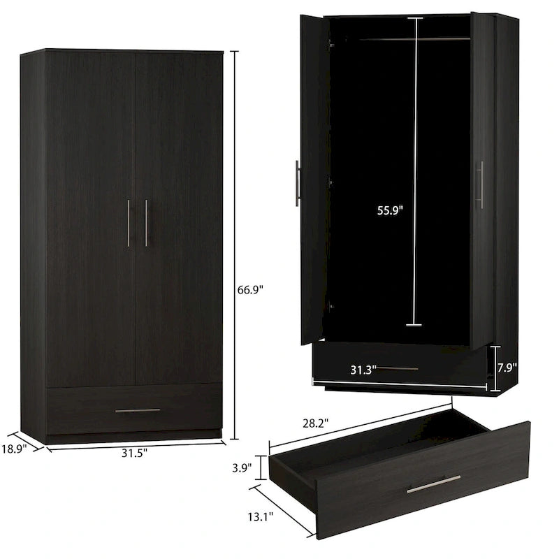 2-Door Armoire with Garment Rod and Drawer, 31.5"W x 66.9"H