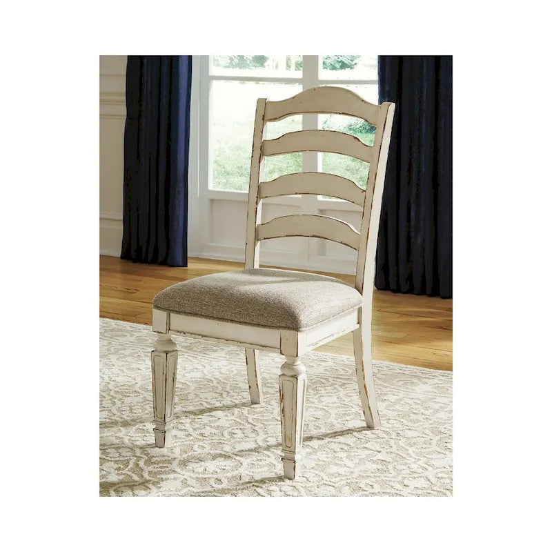 Chipped White Ladderback Dining Chairs with Cushioned Seat, Set of 2