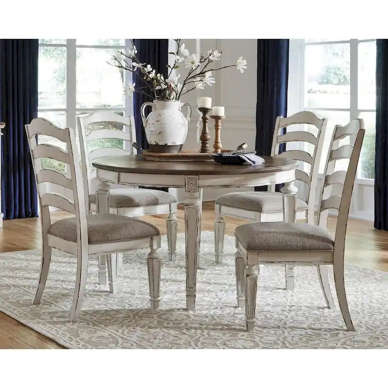 Chipped White Ladderback Dining Chairs with Cushioned Seat, Set of 2