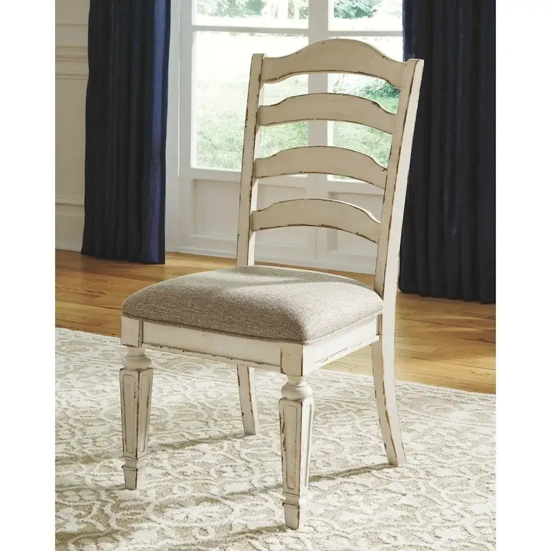 Chipped White Ladderback Dining Chairs with Cushioned Seat, Set of 2