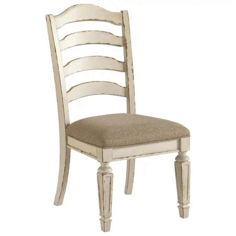Chipped White Ladderback Dining Chairs with Cushioned Seat, Set of 2