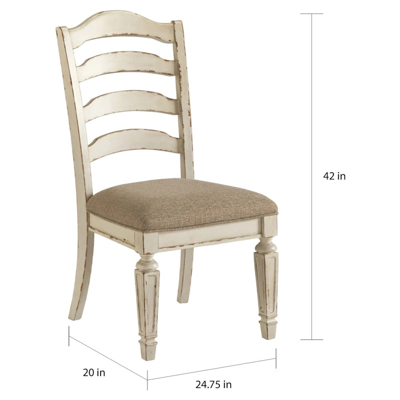 Chipped White Ladderback Dining Chairs with Cushioned Seat, Set of 2
