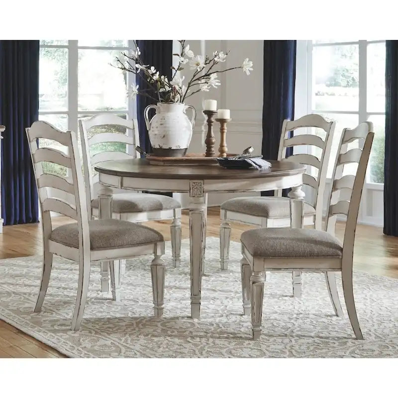 Chipped White Ladderback Dining Chairs with Cushioned Seat, Set of 2