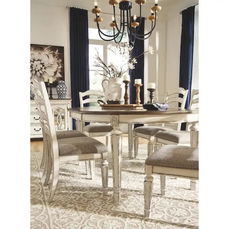 Chipped White Ladderback Dining Chairs with Cushioned Seat, Set of 2