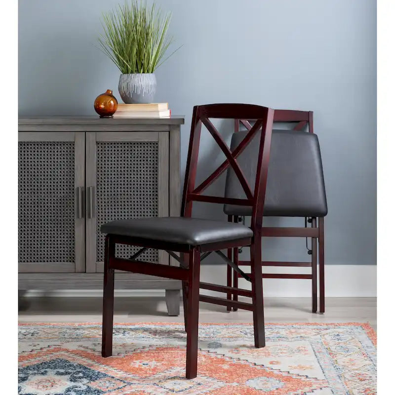 Cross-Back Folding Dining Chairs with Faux Leather Padded Seat, Set of 2