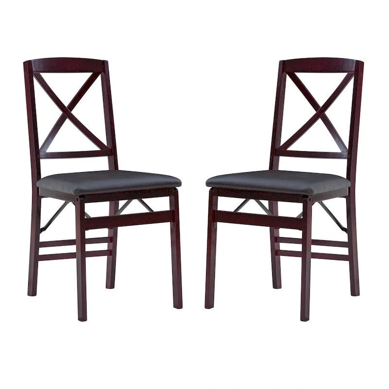 Cross-Back Folding Dining Chairs with Faux Leather Padded Seat, Set of 2