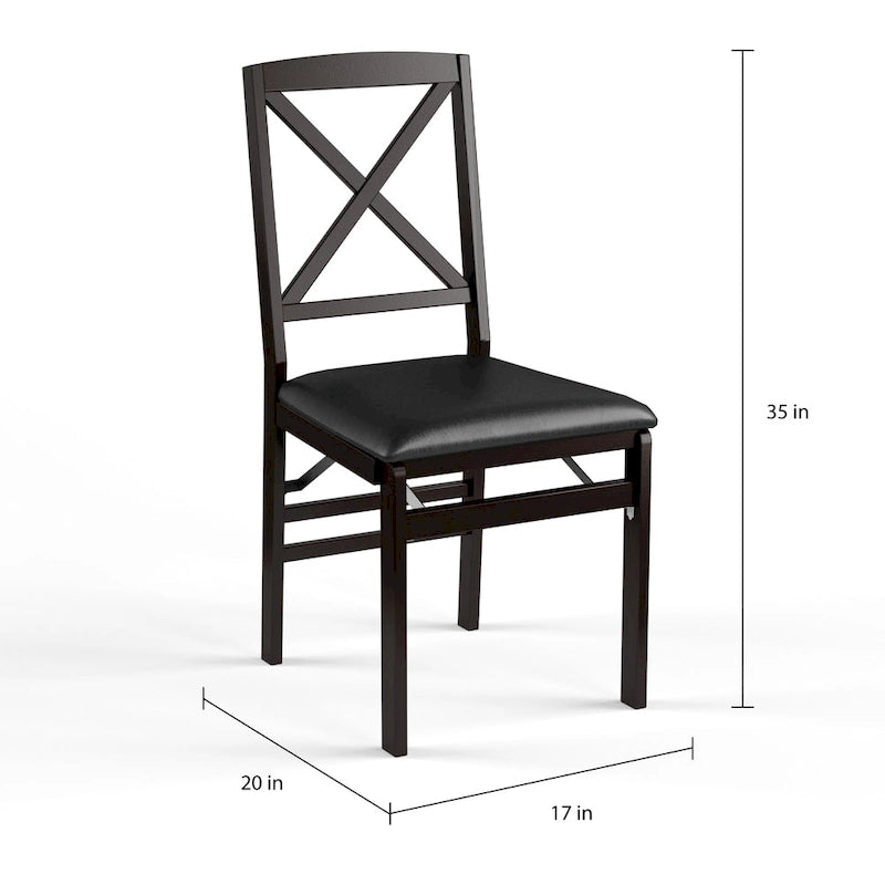 Cross-Back Folding Dining Chairs with Faux Leather Padded Seat, Set of 2