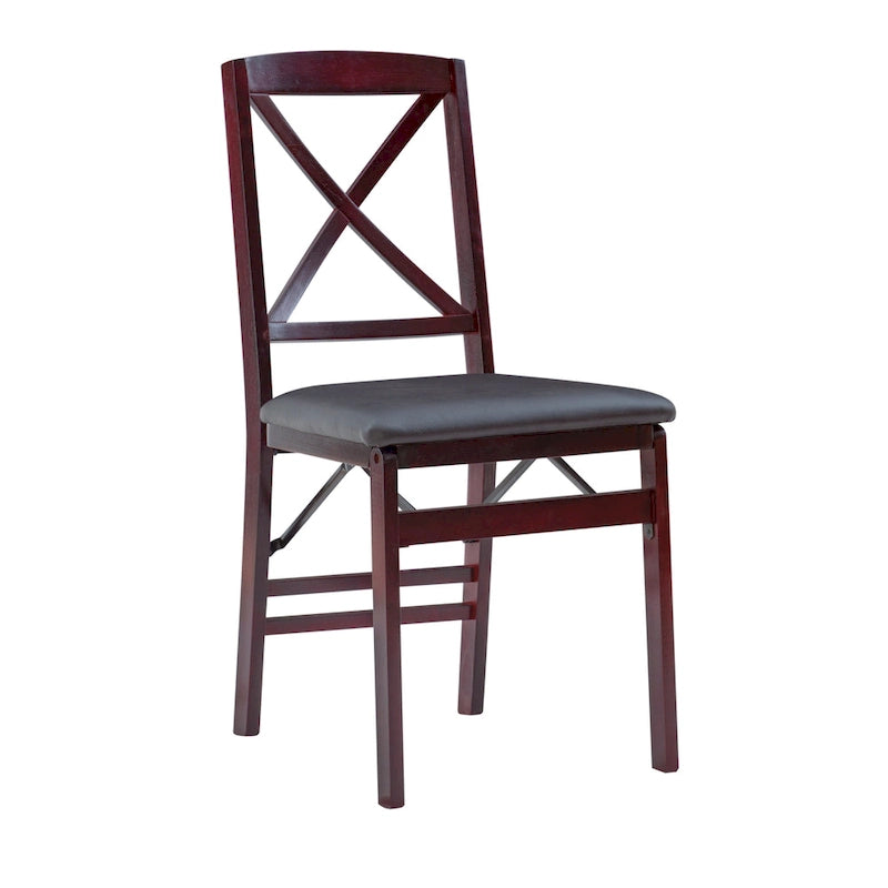 Cross-Back Folding Dining Chairs with Faux Leather Padded Seat, Set of 2