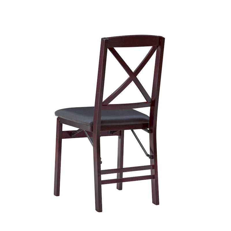 Cross-Back Folding Dining Chairs with Faux Leather Padded Seat, Set of 2