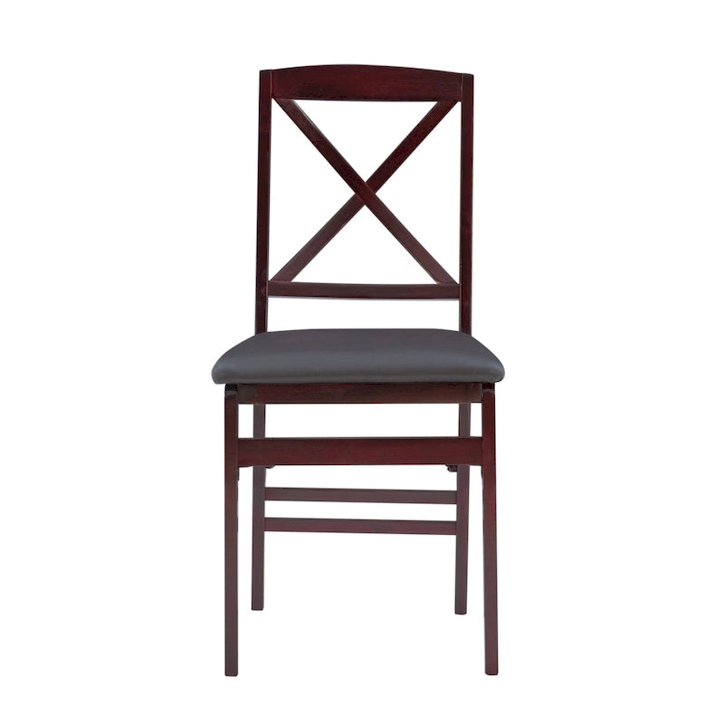 Cross-Back Folding Dining Chairs with Faux Leather Padded Seat, Set of 2