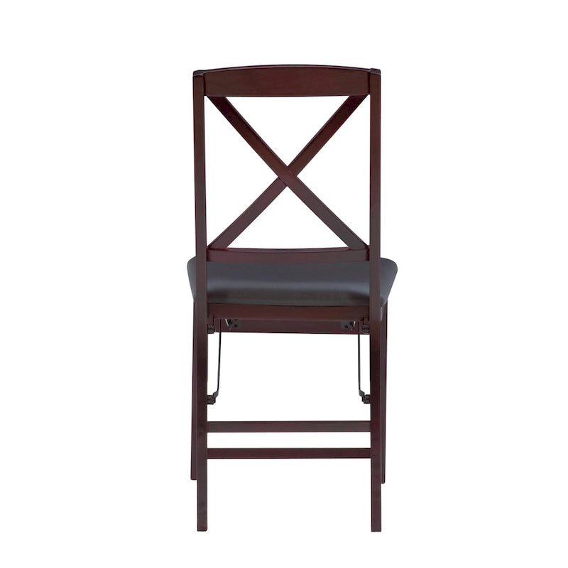 Cross-Back Folding Dining Chairs with Faux Leather Padded Seat, Set of 2