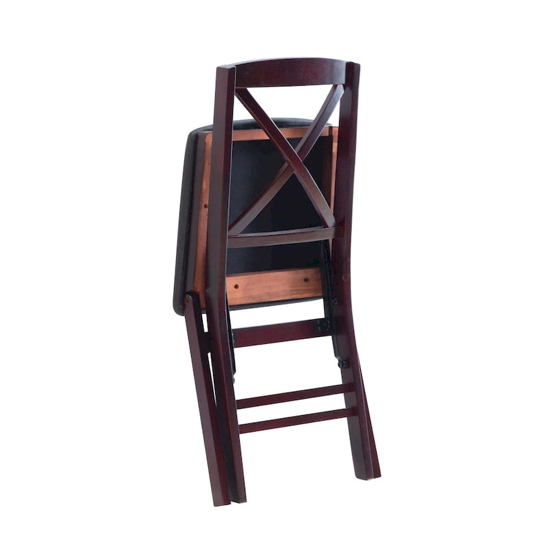 Cross-Back Folding Dining Chairs with Faux Leather Padded Seat, Set of 2