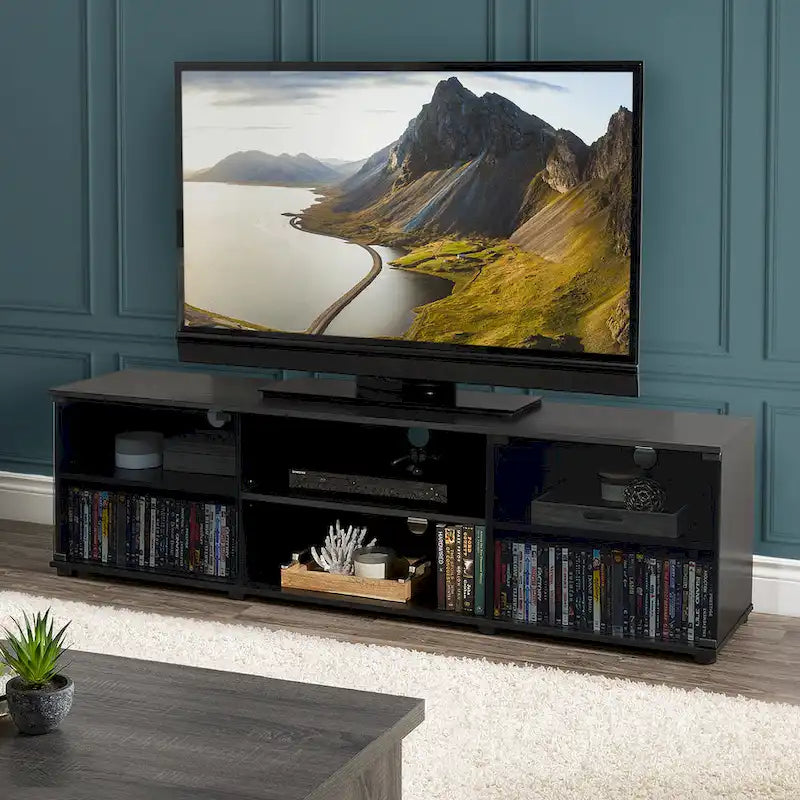 Black TV Stand with Tempered Glass Doors for TVs up to 85 Inches