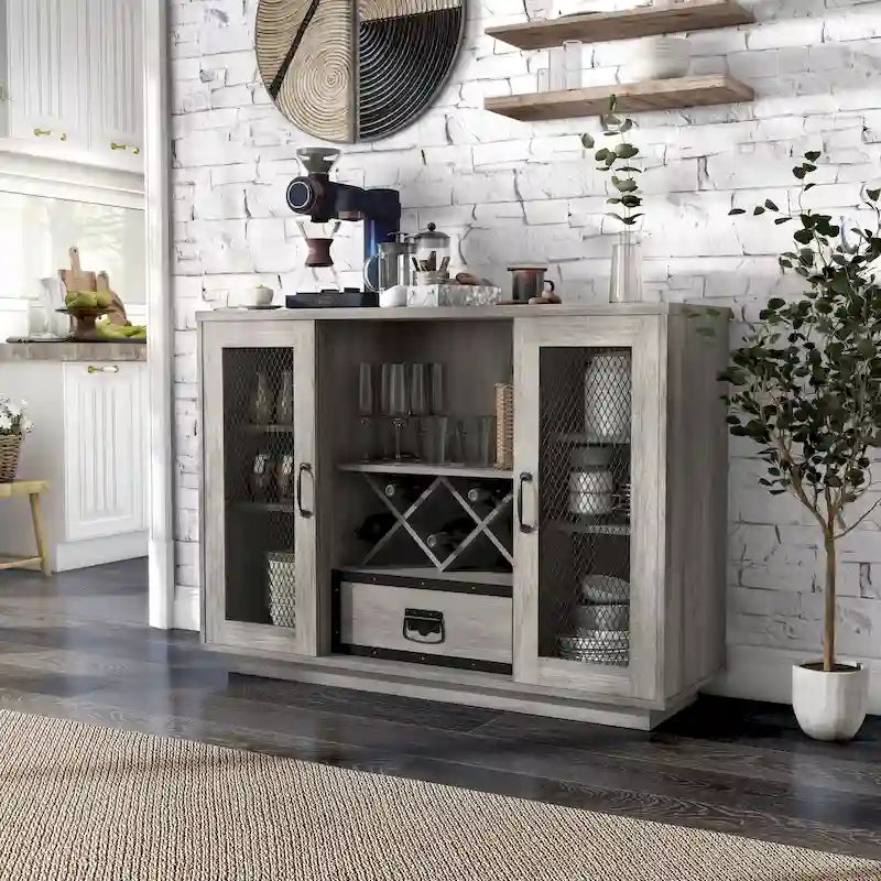 Industrial Buffet Cabinet with Wine Bottle Rack, Drawer, and 7 Shelves