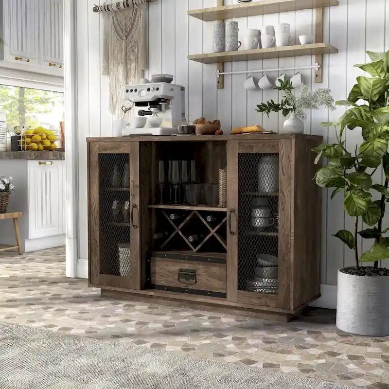 Industrial Buffet Cabinet with Wine Bottle Rack, Drawer, and 7 Shelves