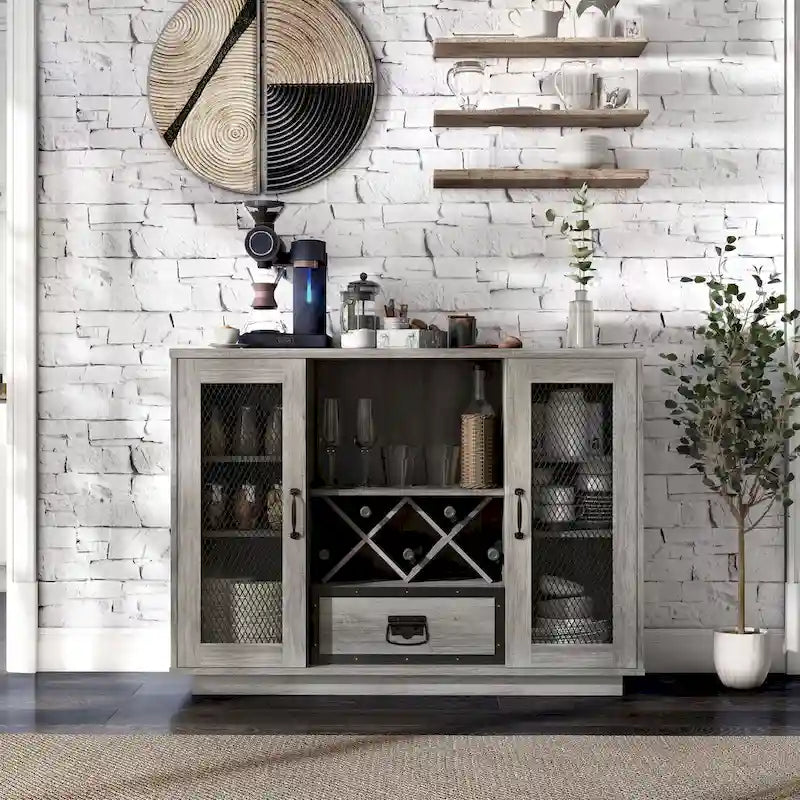 Industrial Buffet Cabinet with Wine Bottle Rack, Drawer, and 7 Shelves