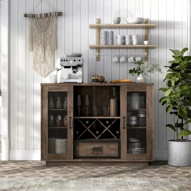Industrial Buffet Cabinet with Wine Bottle Rack, Drawer, and 7 Shelves