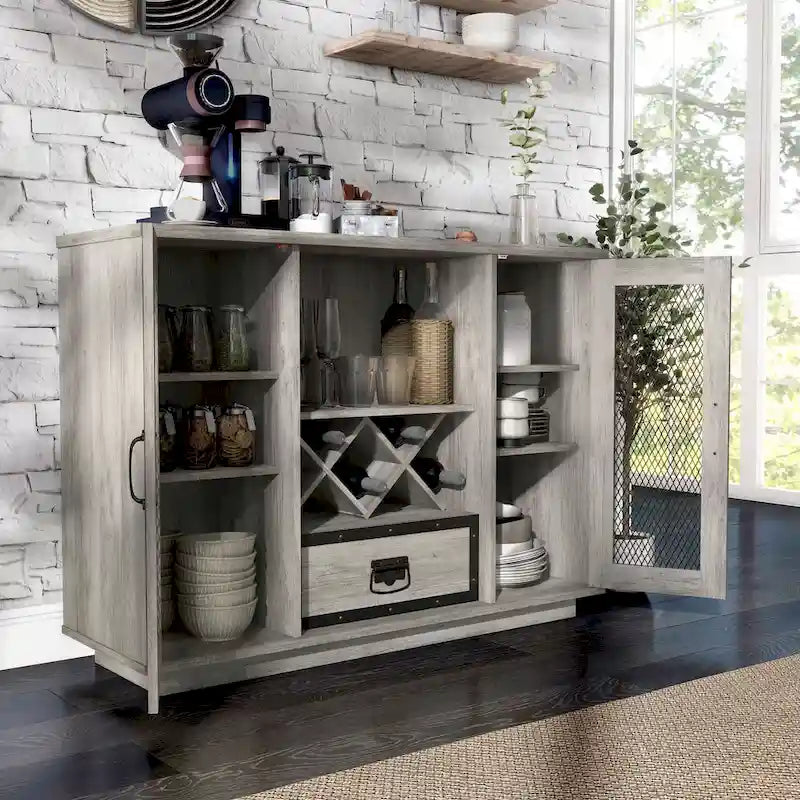 Industrial Buffet Cabinet with Wine Bottle Rack, Drawer, and 7 Shelves