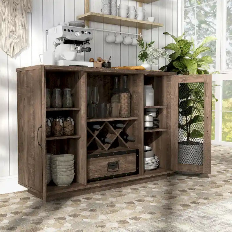 Industrial Buffet Cabinet with Wine Bottle Rack, Drawer, and 7 Shelves