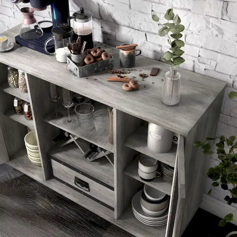 Industrial Buffet Cabinet with Wine Bottle Rack, Drawer, and 7 Shelves