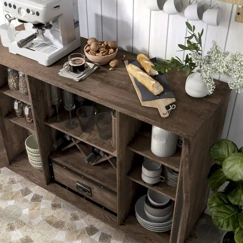 Industrial Buffet Cabinet with Wine Bottle Rack, Drawer, and 7 Shelves