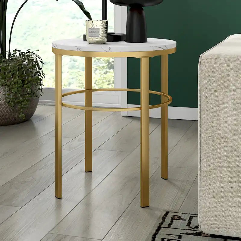 20" Round Side Table with Faux Marble Top and Geometric Metal Frame