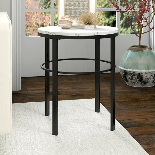 20" Round Side Table with Faux Marble Top and Geometric Metal Frame