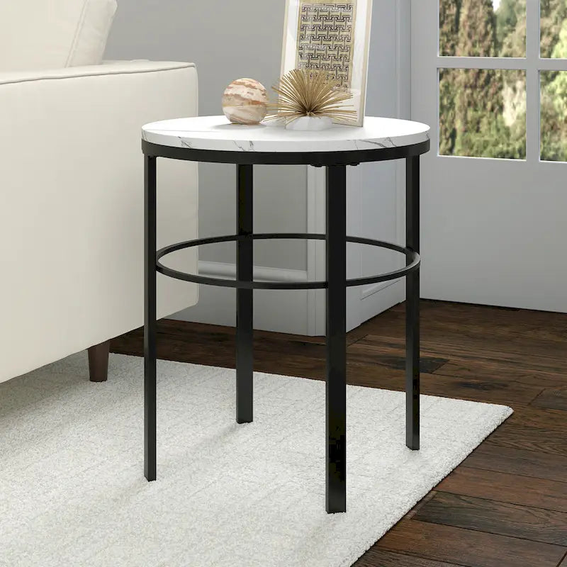20" Round Side Table with Faux Marble Top and Geometric Metal Frame