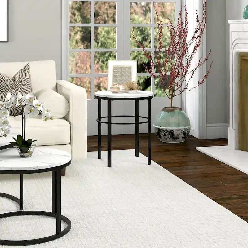20" Round Side Table with Faux Marble Top and Geometric Metal Frame