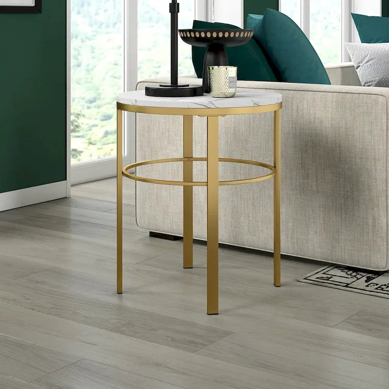 20" Round Side Table with Faux Marble Top and Geometric Metal Frame