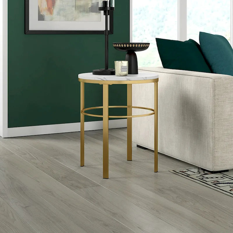 20" Round Side Table with Faux Marble Top and Geometric Metal Frame