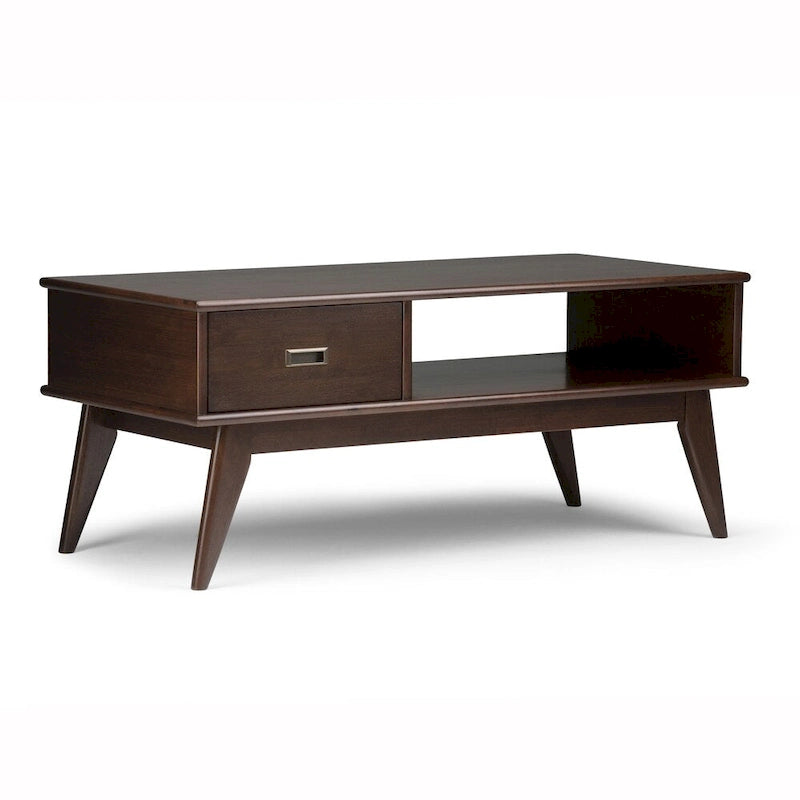 Solid Rubberwood Mid-Century Coffee Table with Drawer and Open Shelf, 48"W