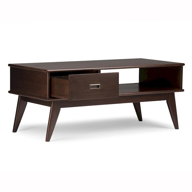 Solid Rubberwood Mid-Century Coffee Table with Drawer and Open Shelf, 48"W