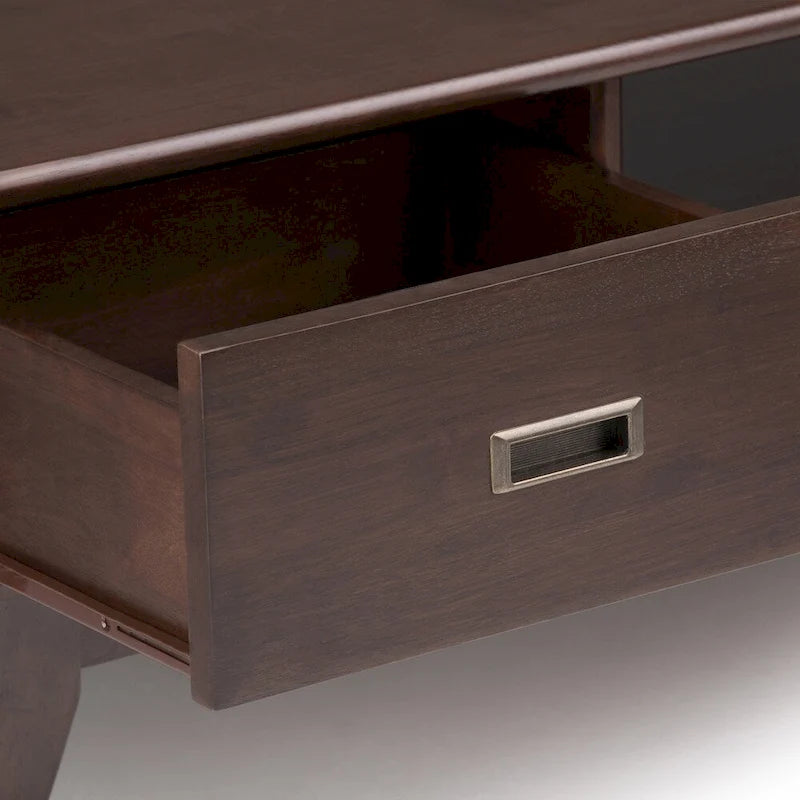Solid Rubberwood Mid-Century Coffee Table with Drawer and Open Shelf, 48"W