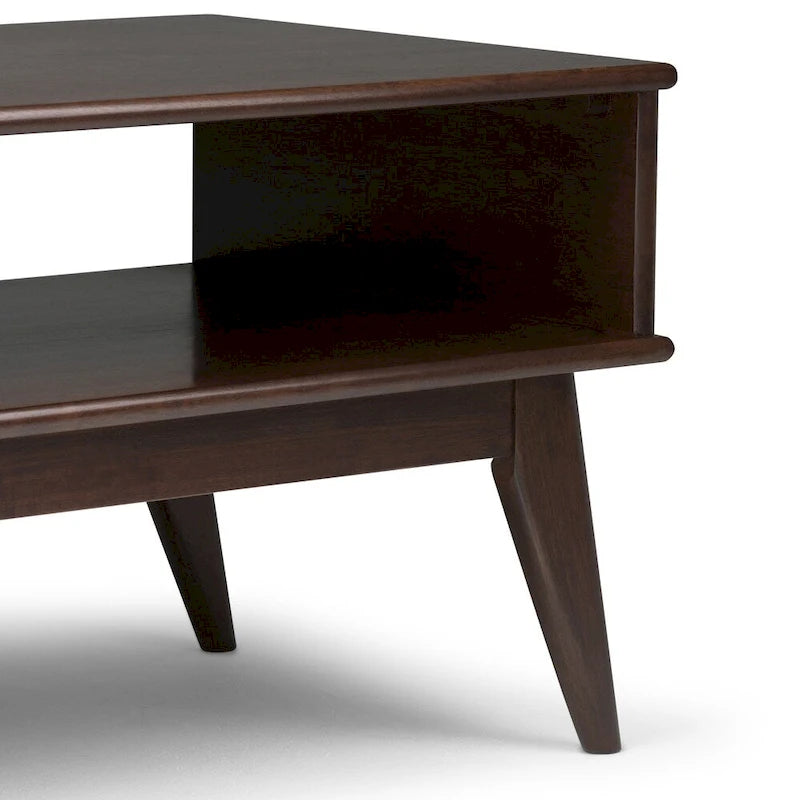 Solid Rubberwood Mid-Century Coffee Table with Drawer and Open Shelf, 48"W