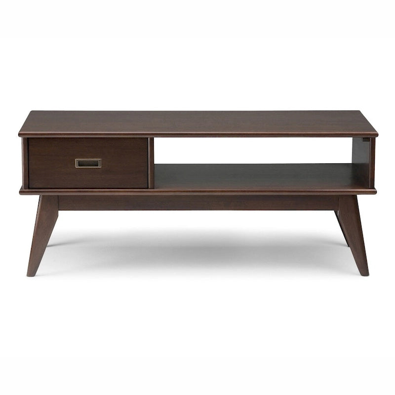 Solid Rubberwood Mid-Century Coffee Table with Drawer and Open Shelf, 48"W