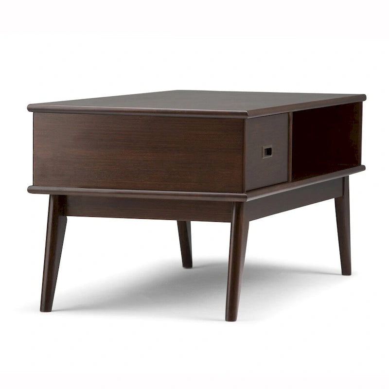 Solid Rubberwood Mid-Century Coffee Table with Drawer and Open Shelf, 48"W
