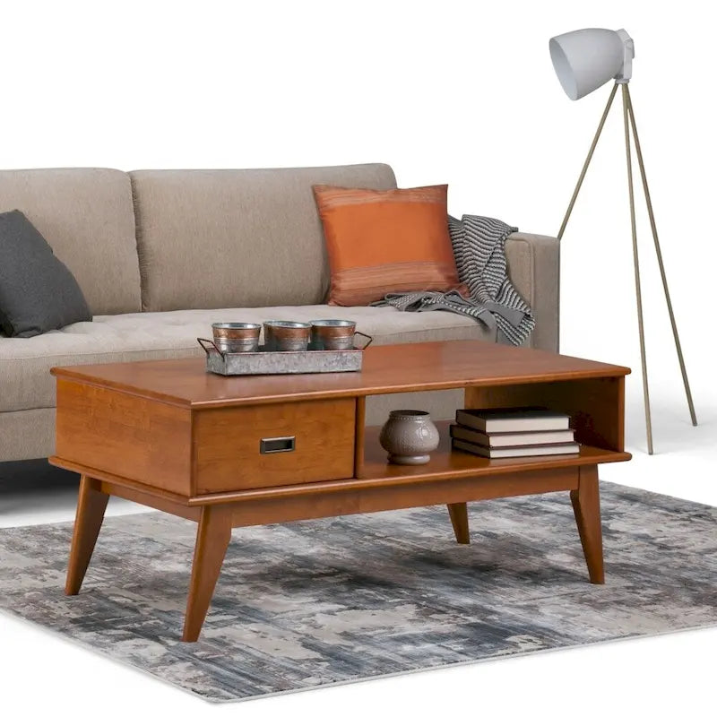 Solid Rubberwood Mid-Century Coffee Table with Drawer and Open Shelf, 48"W