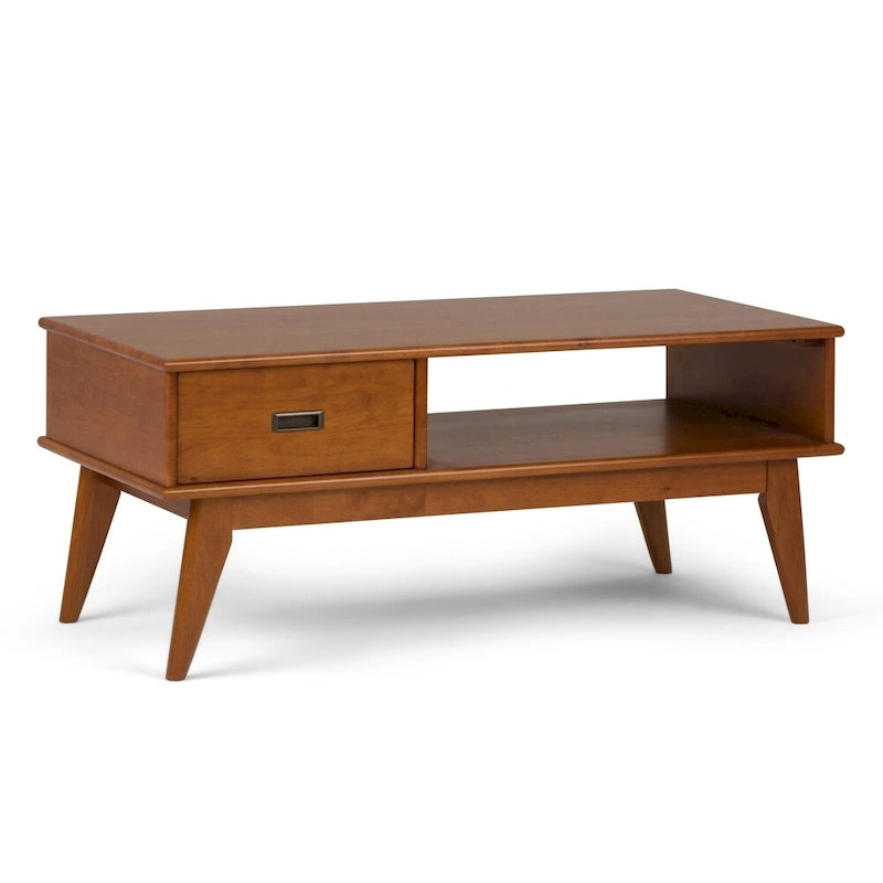 Solid Rubberwood Mid-Century Coffee Table with Drawer and Open Shelf, 48"W