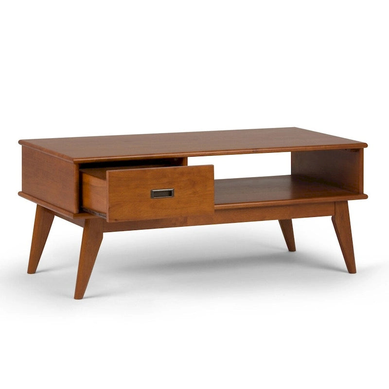 Solid Rubberwood Mid-Century Coffee Table with Drawer and Open Shelf, 48"W