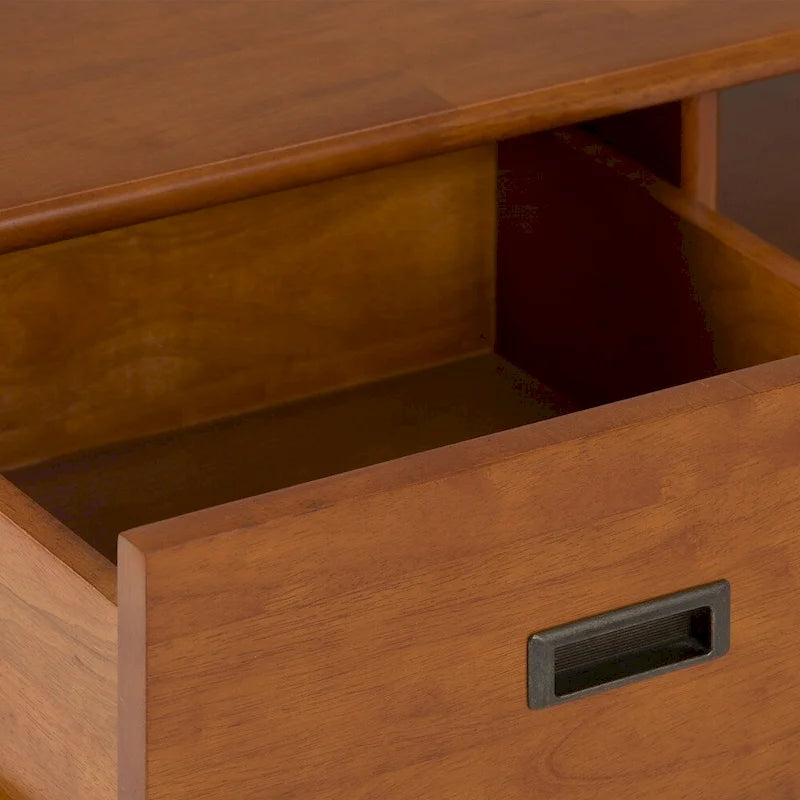 Solid Rubberwood Mid-Century Coffee Table with Drawer and Open Shelf, 48"W