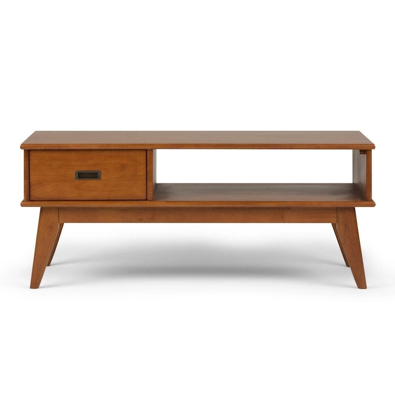 Solid Rubberwood Mid-Century Coffee Table with Drawer and Open Shelf, 48"W