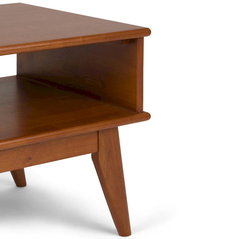 Solid Rubberwood Mid-Century Coffee Table with Drawer and Open Shelf, 48"W