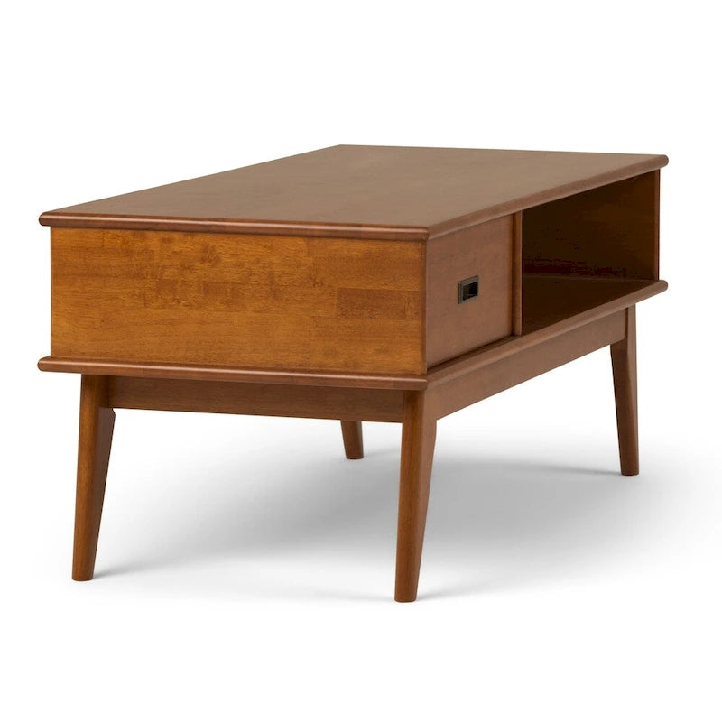 Solid Rubberwood Mid-Century Coffee Table with Drawer and Open Shelf, 48"W