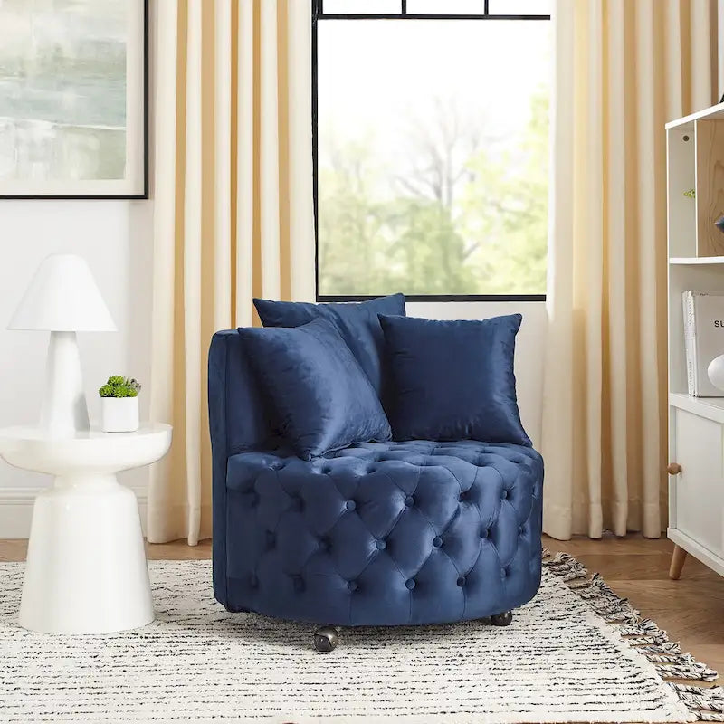 Living Room Velvet Swivel Chair with Button Tufted Design, 3 Pillows & Movable Wheels
