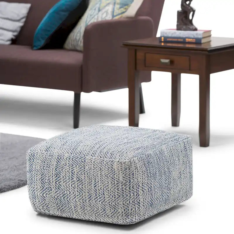 Hand-Woven Cotton Square Pouf with Mixed Pattern