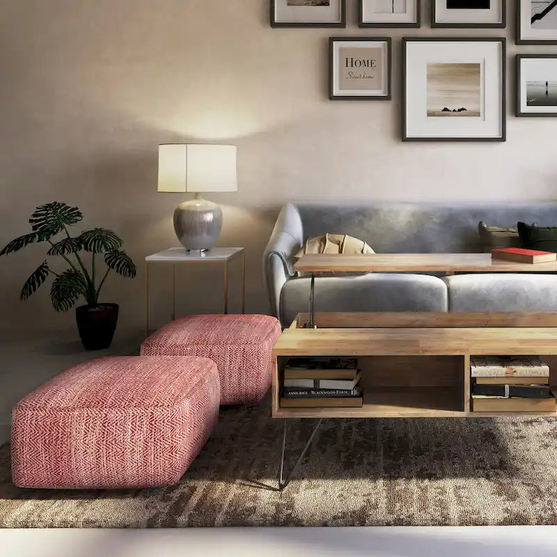 Hand-Woven Cotton Square Pouf with Mixed Pattern